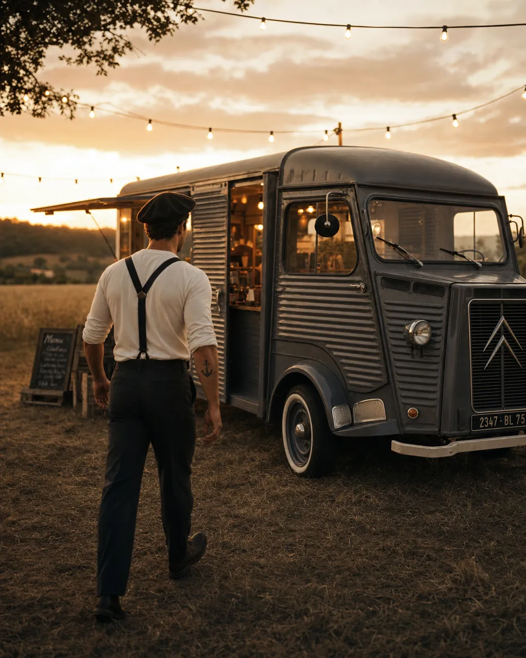 Le camion bar au coucher du soleil, guirlandes allumées