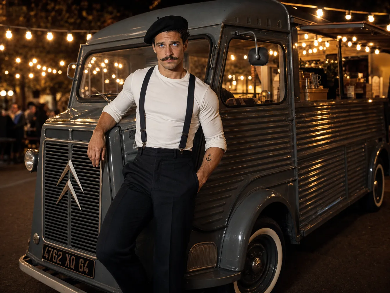 Le camion bar éclairé à la nuit tombée, guirlandes allumées