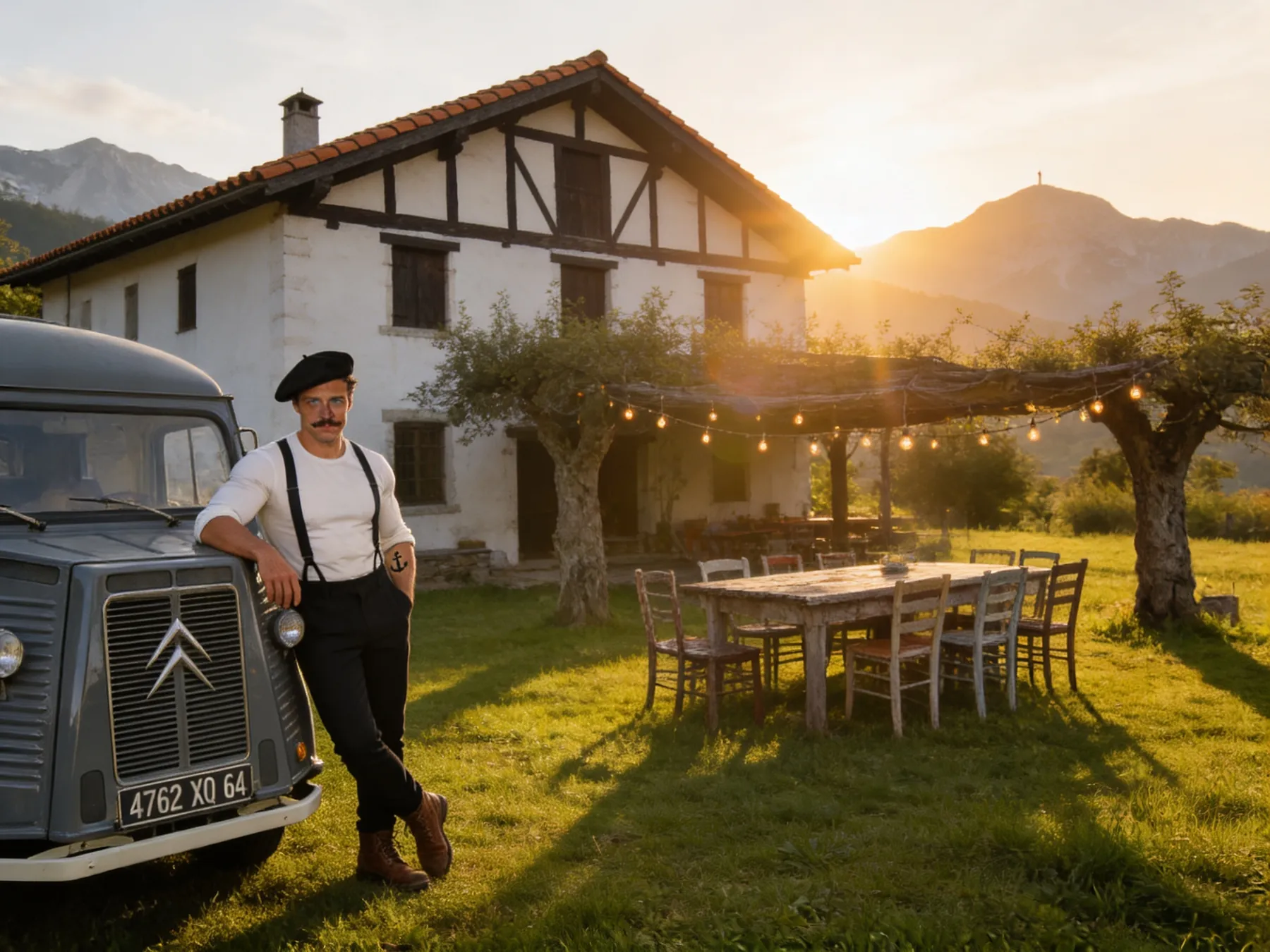 Le Citroën HY garé devant une ferme basque au soleil couchant